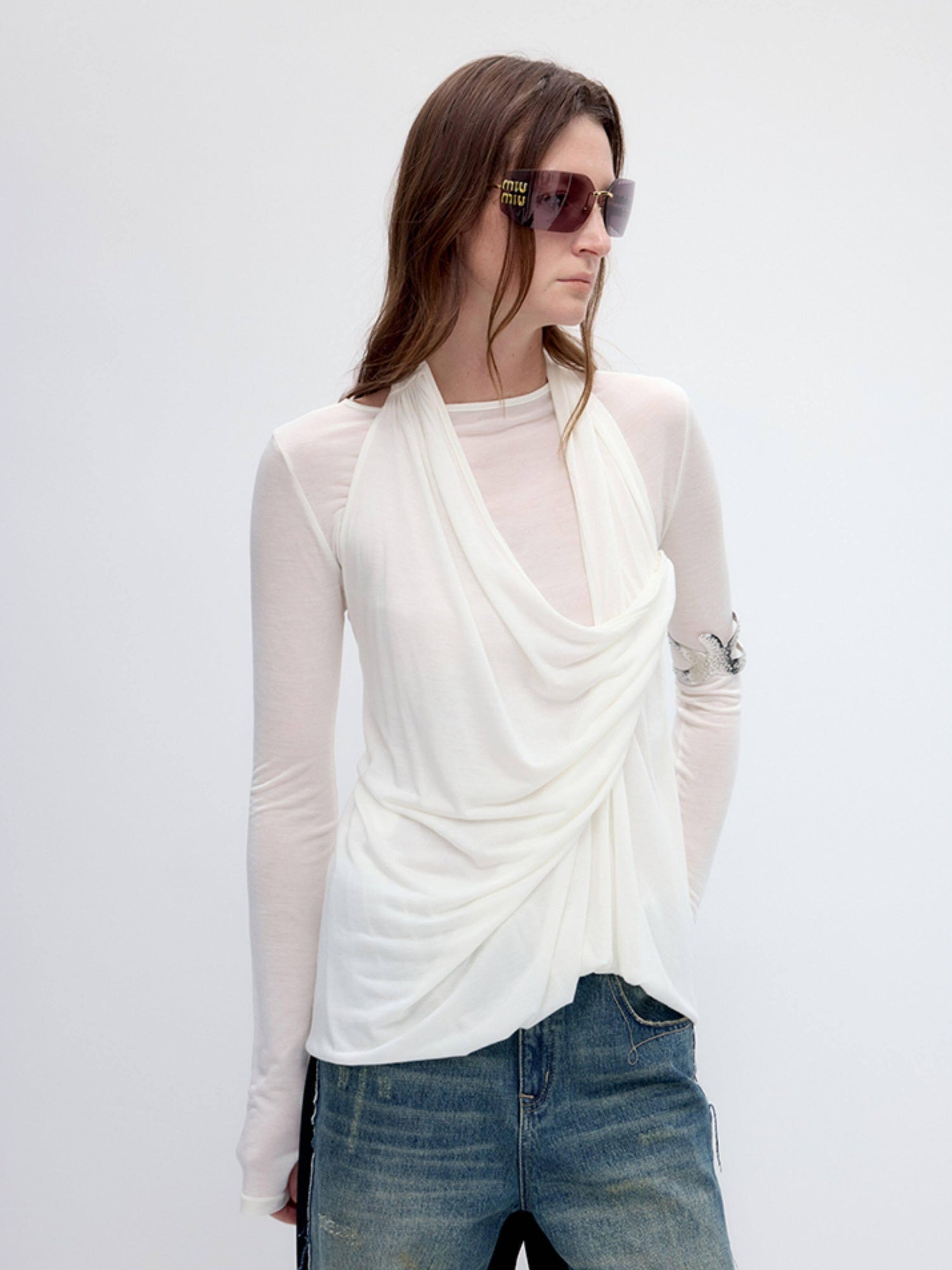RUN TO THE FUTURE Tencel Wool Blend Pleated Commuter Slim Solid Milk White Long Sleeve T-Shirts