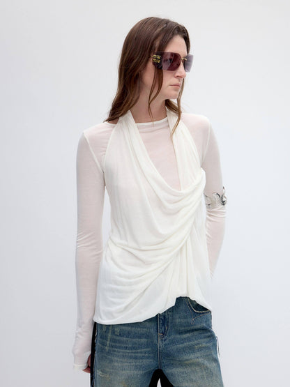 RUN TO THE FUTURE Tencel Wool Blend Pleated Commuter Slim Solid Milk White Long Sleeve T-Shirts