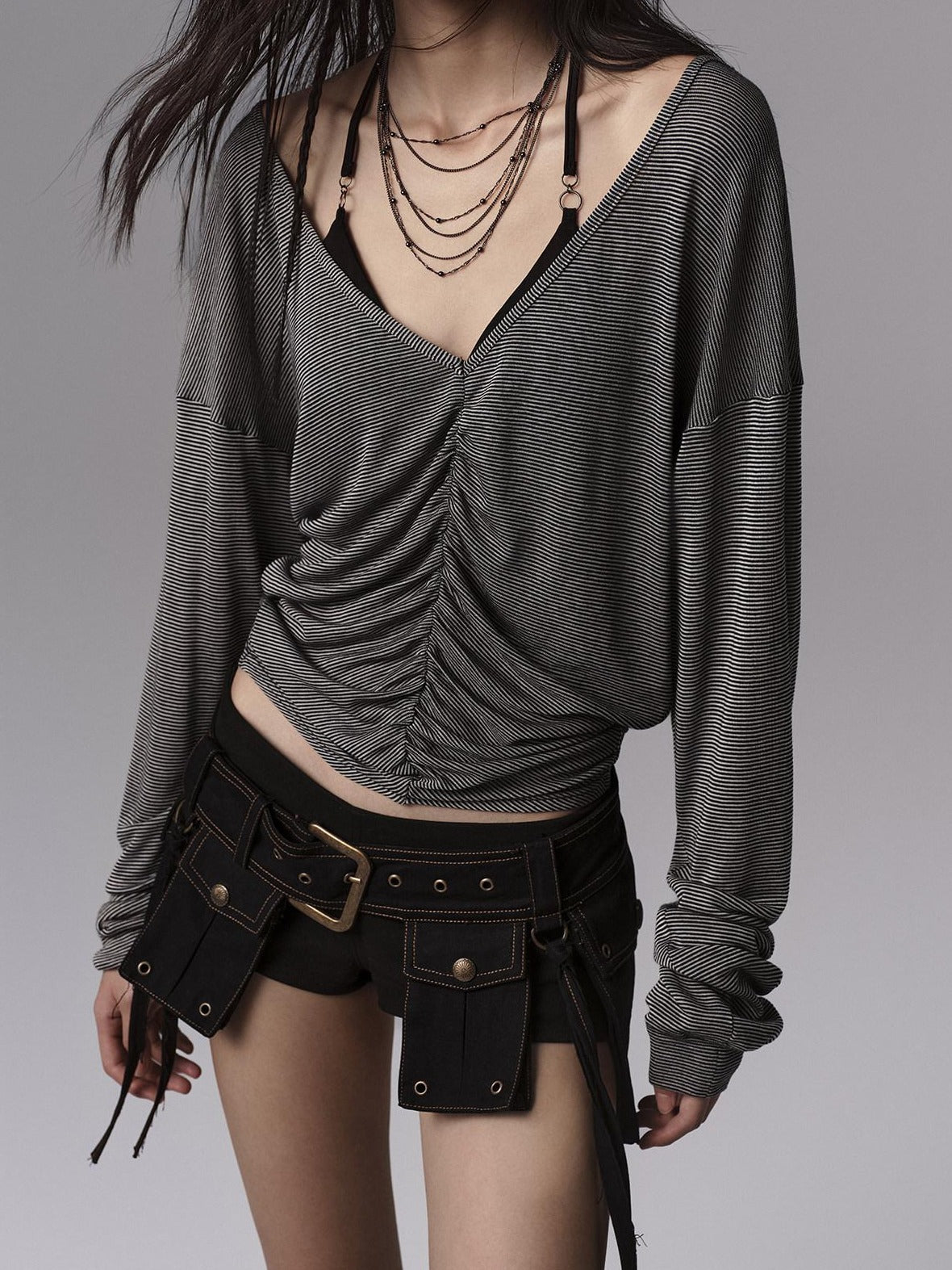 Low pixel Lyocell Blend Goth Fitted V-neck Striped Women Long Sleeve Crop Tops