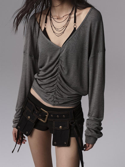 Low pixel Lyocell Blend Goth Fitted V-neck Striped Women Long Sleeve Crop Tops
