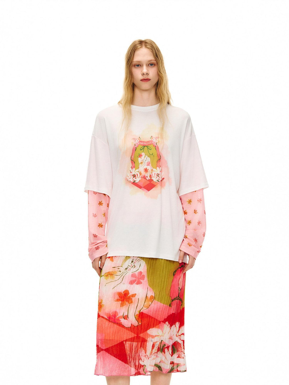 OuttheBlue Cat Garden Print Casual Loose Drop Shoulder Round Neck Long Sleeve T-Shirts