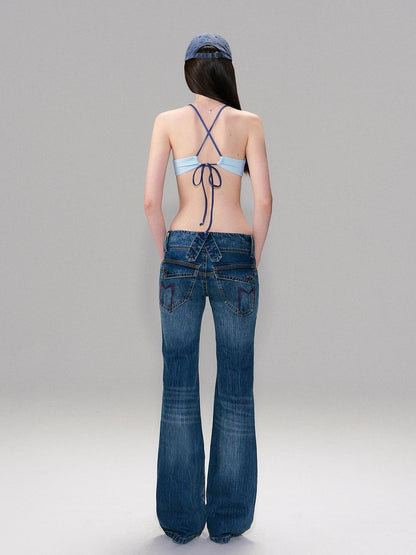 The NeverMore Slight Stretch Low Rise Slim Cotton Casual Women Deep Blue Straight Leg Jeans