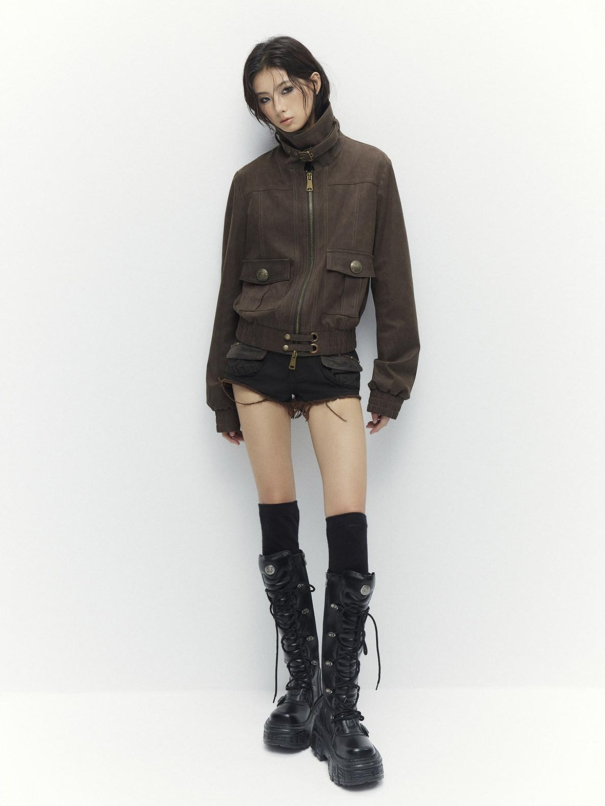 Low pixel Metal Trim Vintage Standard Womens Brown Zip Lapel Cropped Jackets