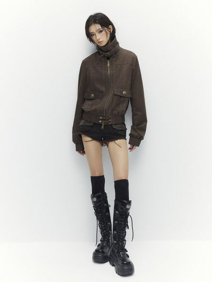 Low pixel Metal Trim Vintage Standard Womens Brown Zip Lapel Cropped Jackets
