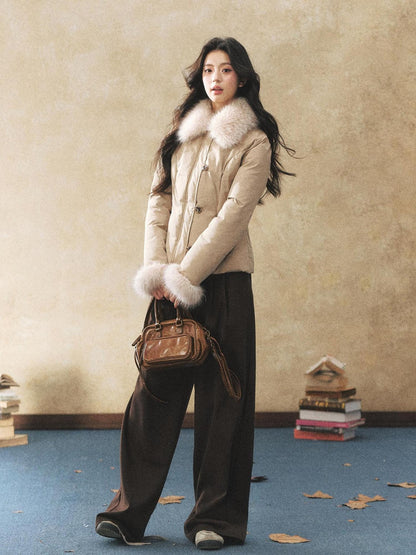 7Shiftin Warm Down Filled Plush Fur Collar Slim Fit Button Cropped Women Knit Sweaters