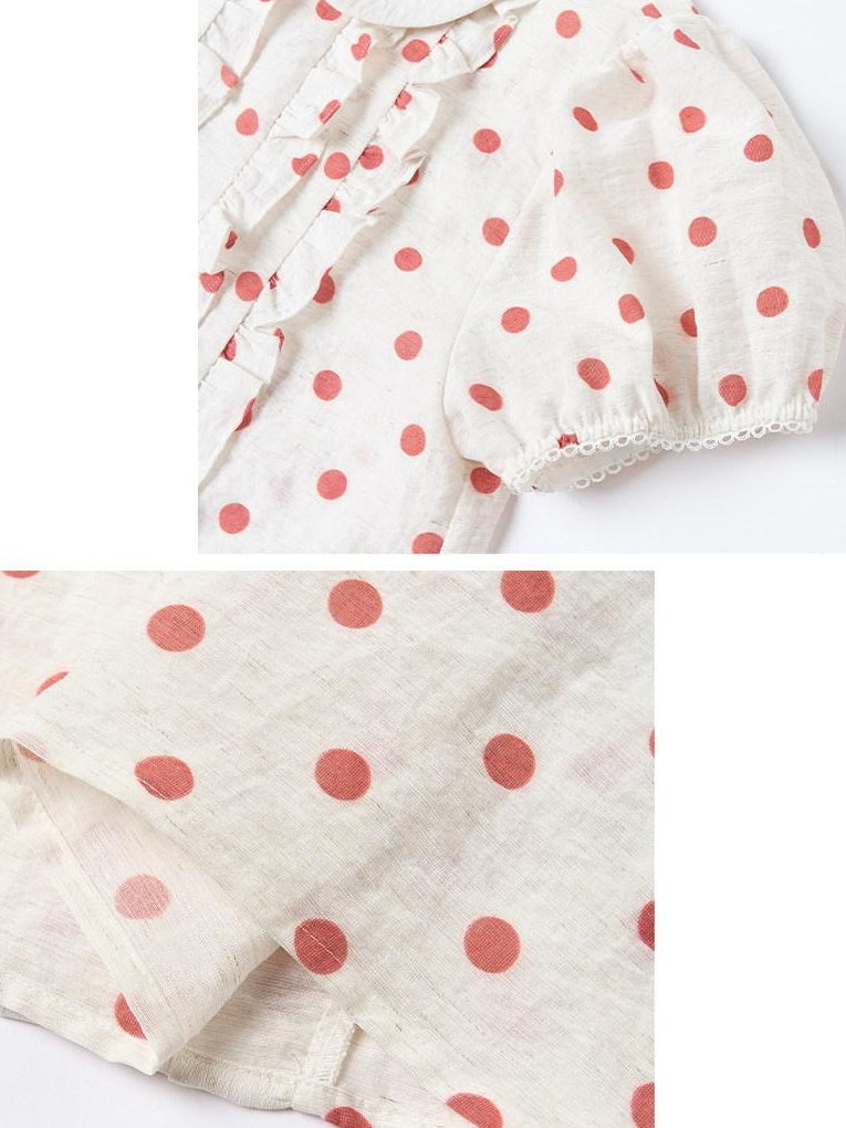 OuttheBlue Waist Cinch Ruffle Casual Puff Sleeve Doll Collar Polka Dot Women Shirts