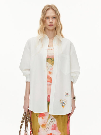 OuttheBlue Soft Lyocell Cotton Loose Mid Length Long Sleeve Embroidered Back Women Blouses
