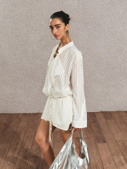 The NeverMore Breathable French Slim Button Stripe Open Cardigan Waist Tie Women Shirts