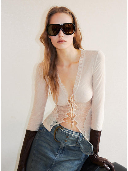 2th Desire Sheer Mesh Spliced Punk Slim Fit Women Long Sleeve Tie Front Blouses