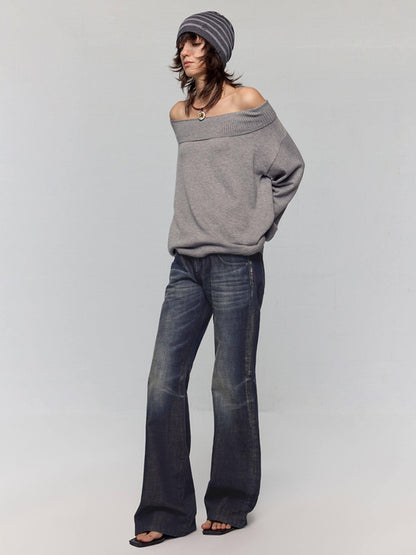 RUN TO THE FUTURE Vintage Commuter Loose Tie Asymmetric Neck Women Grey Knit Long Sleeve T-Shirts