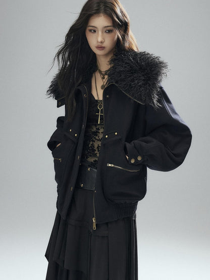 Low pixel Thick Wool Blend Multi Pocket Loose Fit Sexy Girl Black Zipper Cropped Jackets