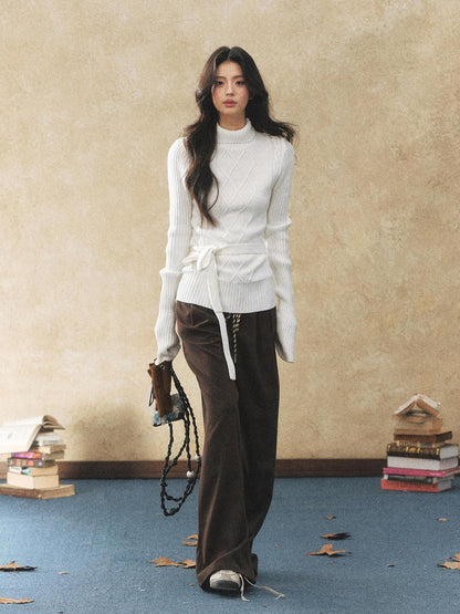 7Shiftin Cozy Belted High Neck Slim Fit Cable Diamond Knit Long Sleeve Women Sweaters