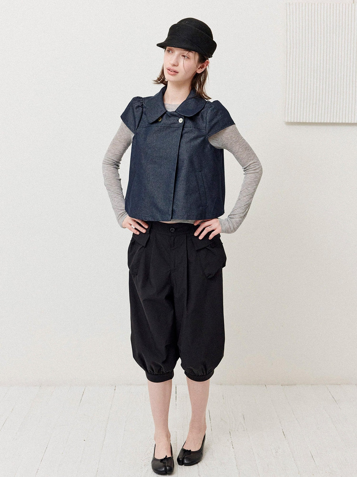 DKZ OFFICIAL Deep Blue Double Buttons Doll Collar Puff Sleeves Women&