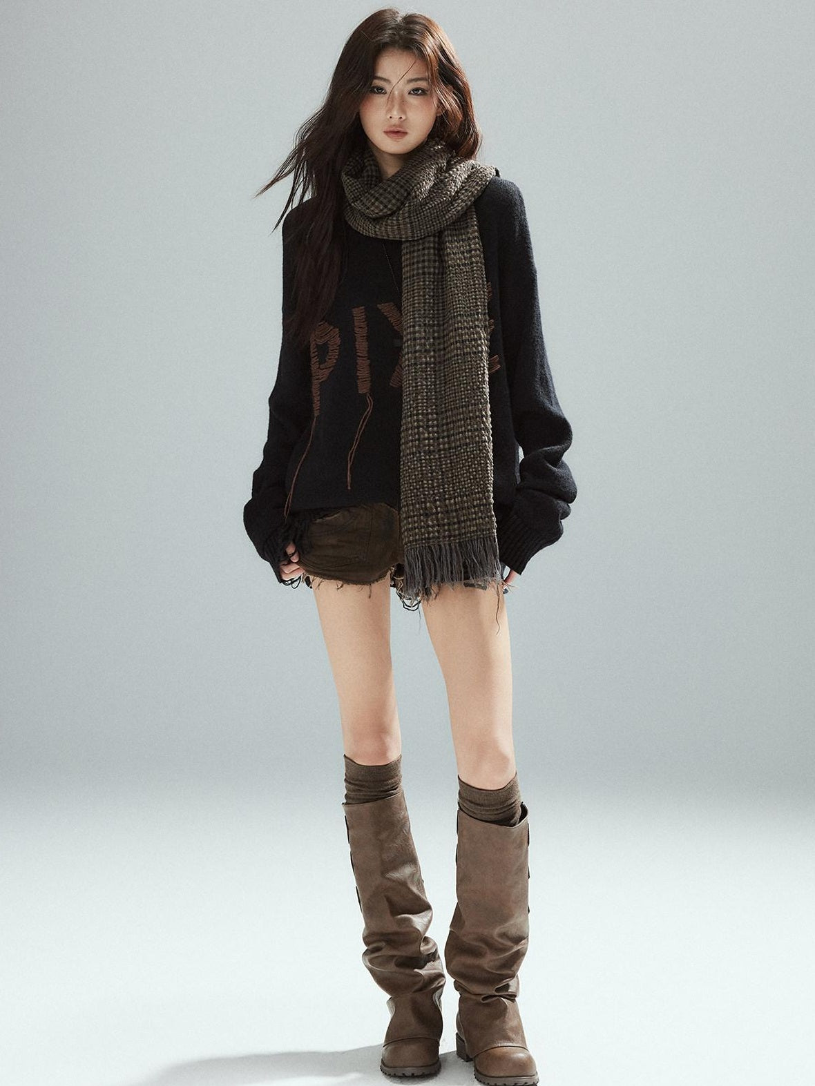 Low pixel Warm Oversized Street Style Distressed Hem Women Black Knit Pullover Sweaters