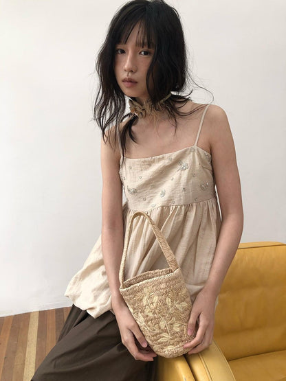 Dorydory Apricot Beige Beaded Square Neck Tulip Hem Women&