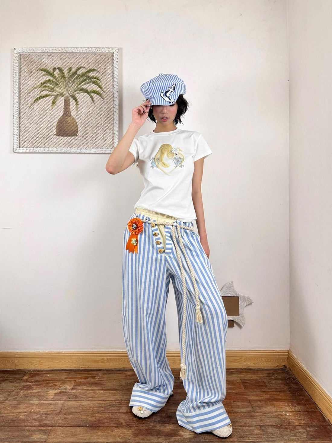 nit alcove Comfort Commuter Striped Pocket Natural Waist Cotton Blend Girls Wide Leg Pants