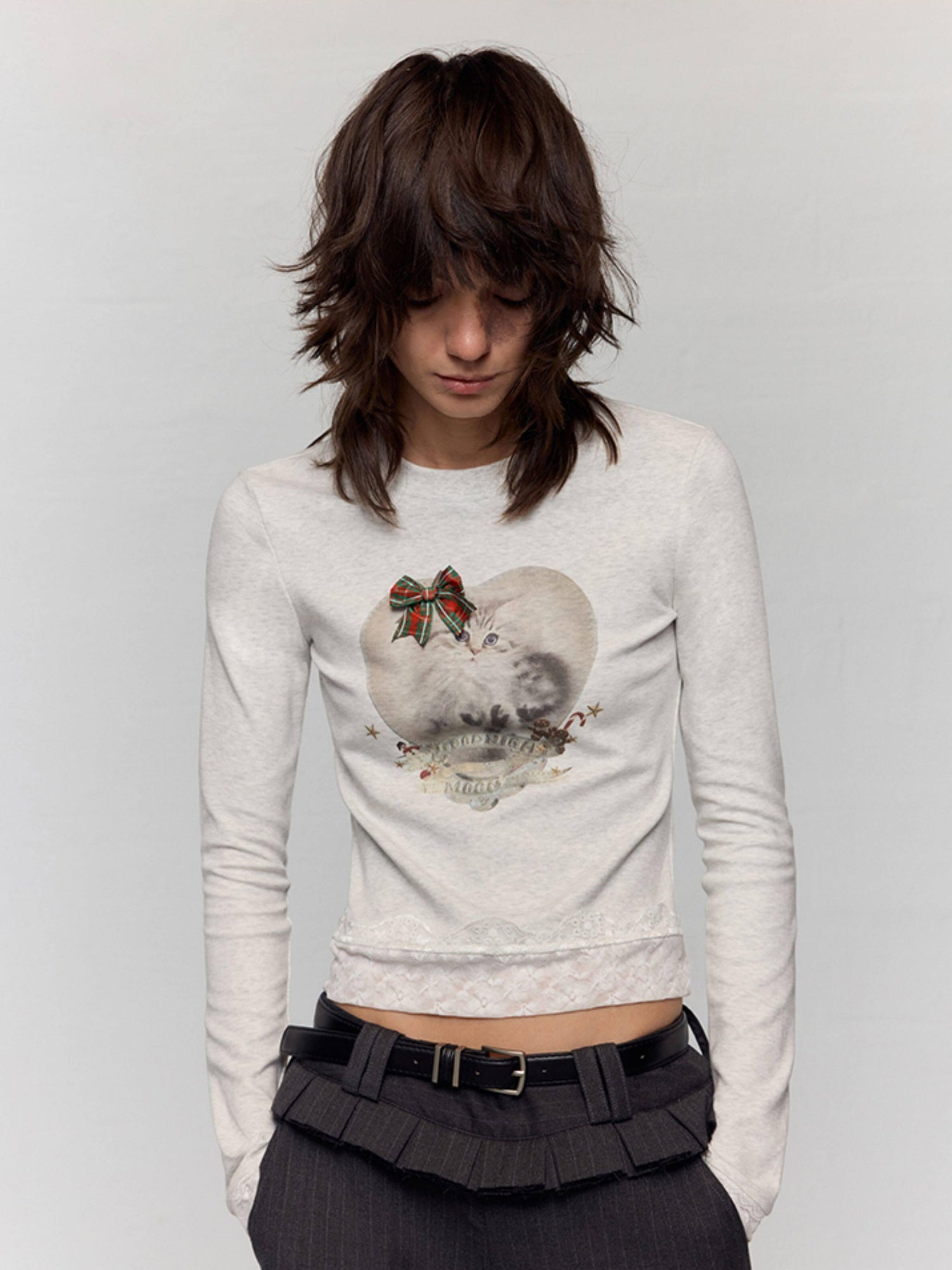 RUN TO THE FUTURE Stretch Cotton Slim Vintage Commuter Printed Lace Long Sleeve Women Crop Tops