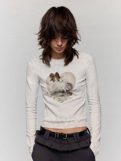 RUN TO THE FUTURE Stretch Cotton Slim Vintage Commuter Printed Lace Long Sleeve Women Crop Tops