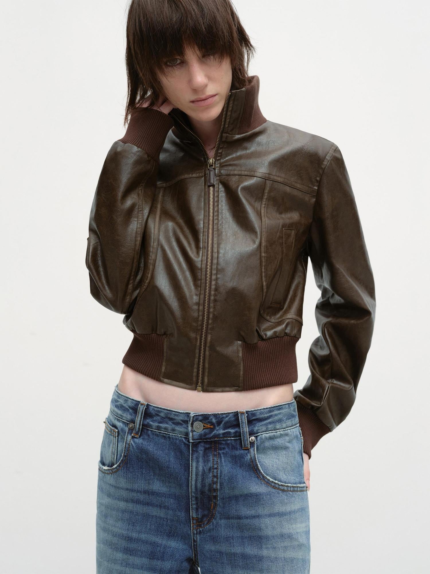 RUN TO THE FUTURE Brown Patchwork Stand Collar Zipper Short Straight Fit Commuter Youth Jackets