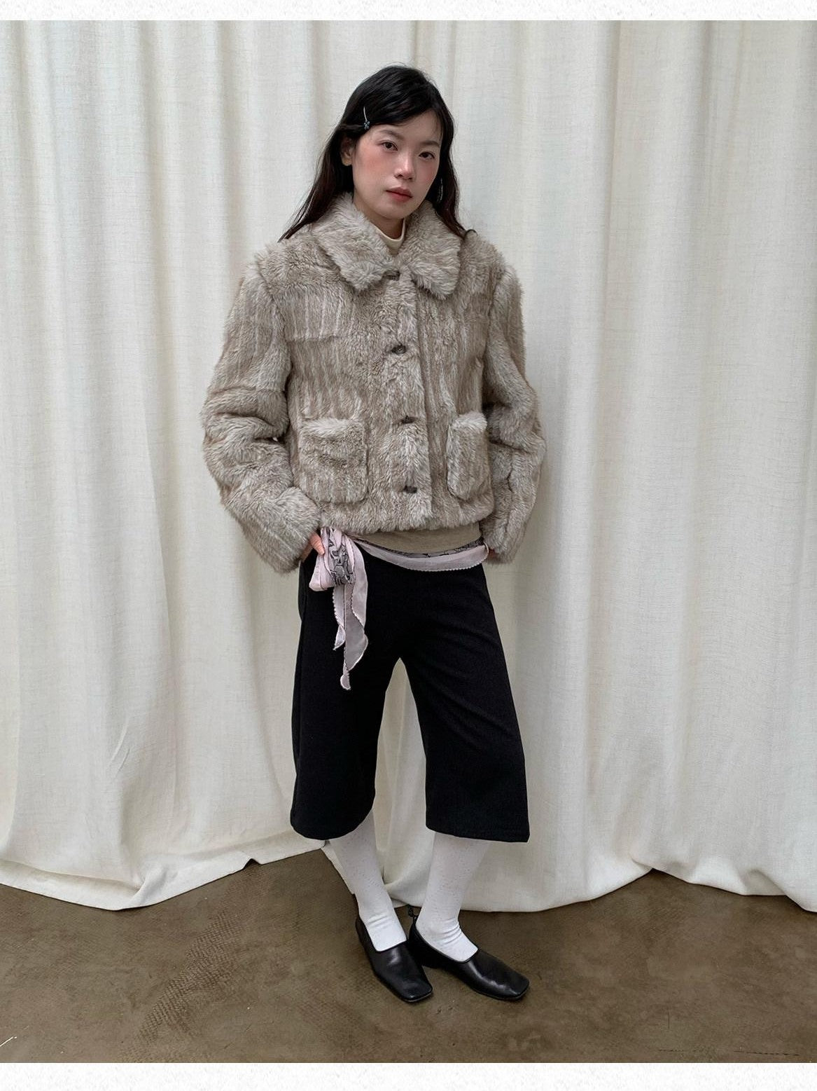 Dorydory Striped Turn Down Collar Eco Fur Textured Women&