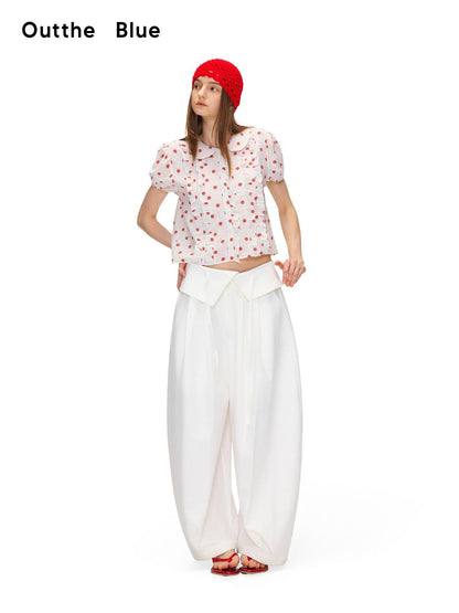 OuttheBlue Waist Cinch Ruffle Casual Puff Sleeve Doll Collar Polka Dot Women Shirts