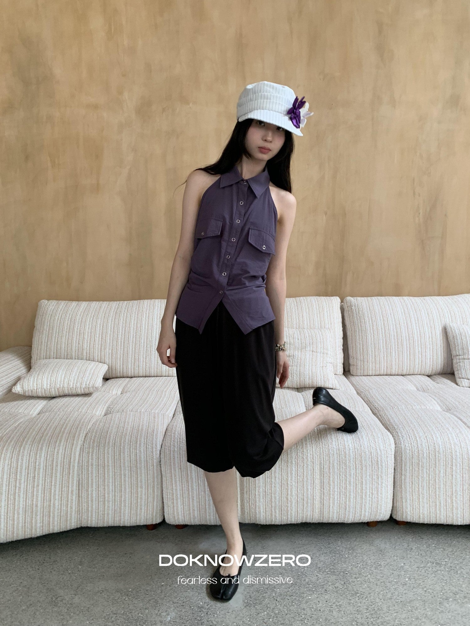 DKZ OFFICIAL Purple Halter Neck Shirt Style Lapel Collar Tie Waist Women&