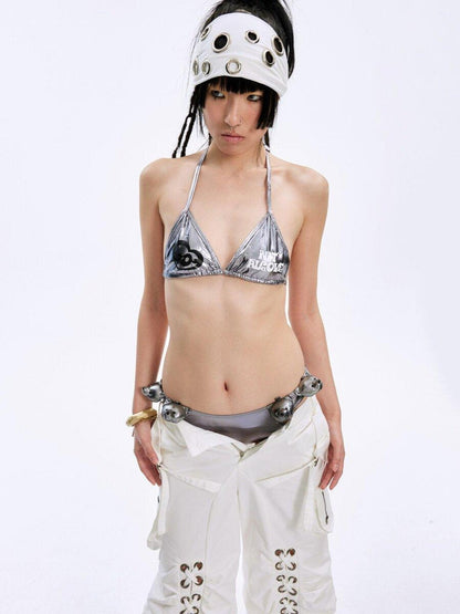 nit alcove Original Design No Padding Halter Short Top Heart Print Women Silver Gray Bikini