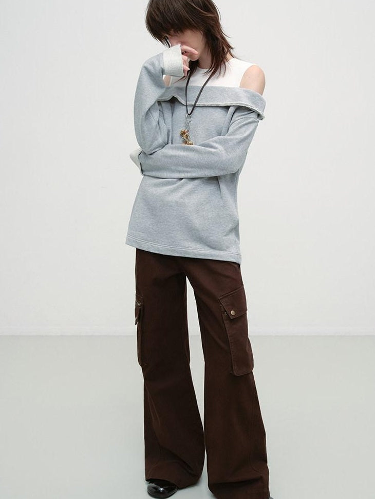 RUN TO THE FUTURE Gray White Patchwork Layered Loose Crewneck Commuter Women Pullover Sweatshirts