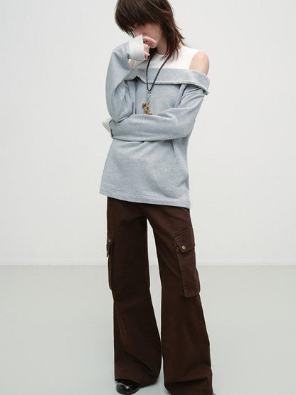 RUN TO THE FUTURE Gray White Patchwork Layered Loose Crewneck Commuter Women Pullover Sweatshirts