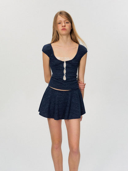 The NeverMore Two Piece Pullover Top And Skirt Women White Navy Short Sleeve T-Shirts