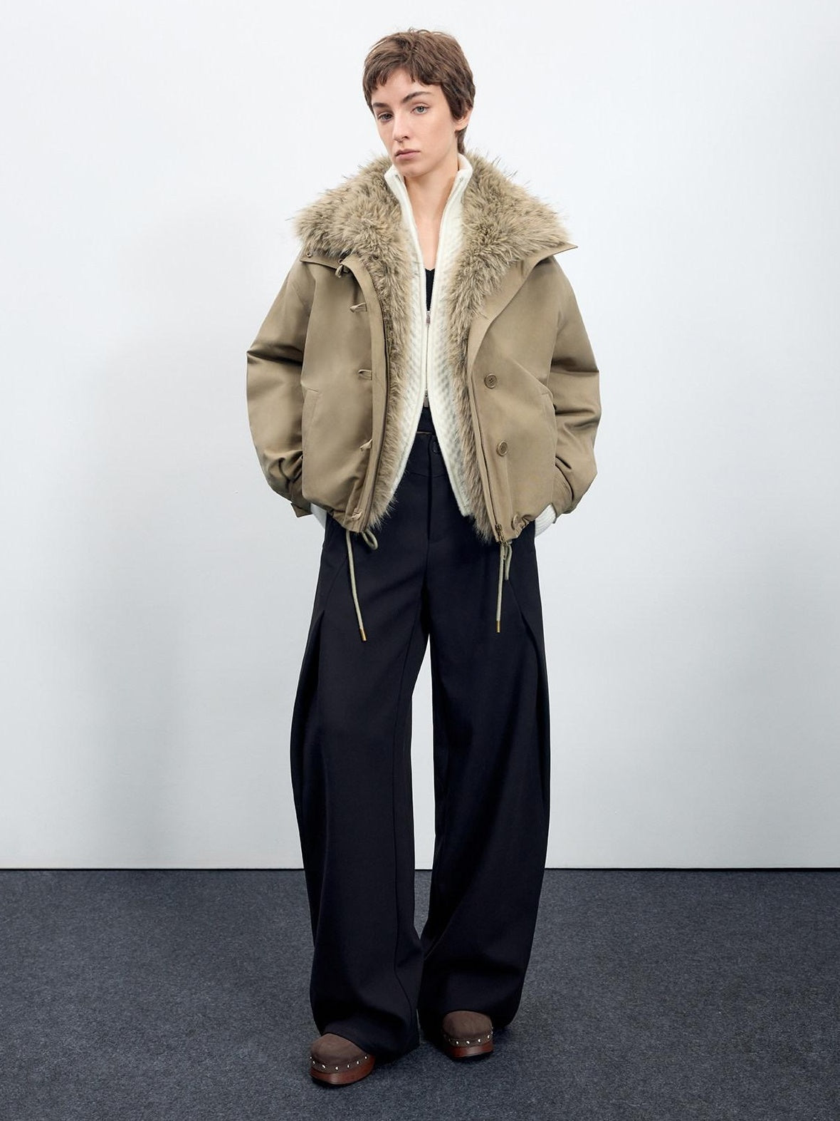 RUN TO THE FUTURE Thick Cotton Fill Fur Collar Loose Fit Commuter Solid Zip Puffer Jackets