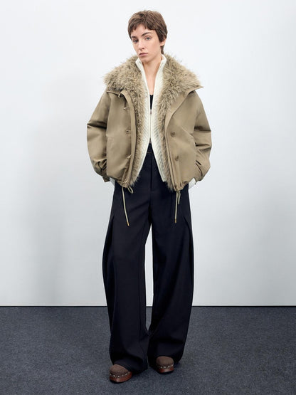 RUN TO THE FUTURE Thick Cotton Fill Fur Collar Loose Fit Commuter Solid Zip Puffer Jackets