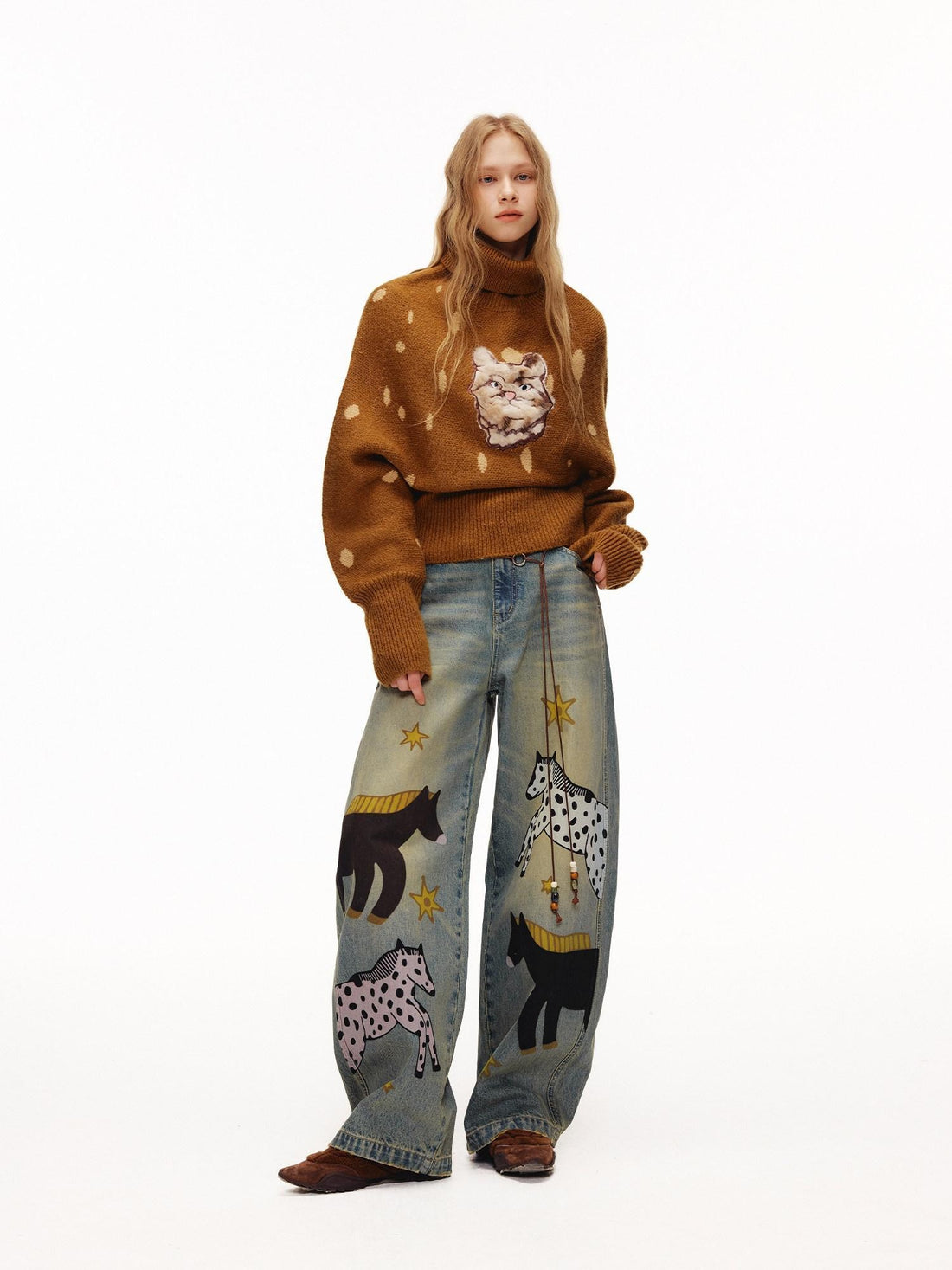 OuttheBlue Cozy Turtleneck Pullover Waist Cinched Casual Animal Print Knit Top &amp; Skirt Sets