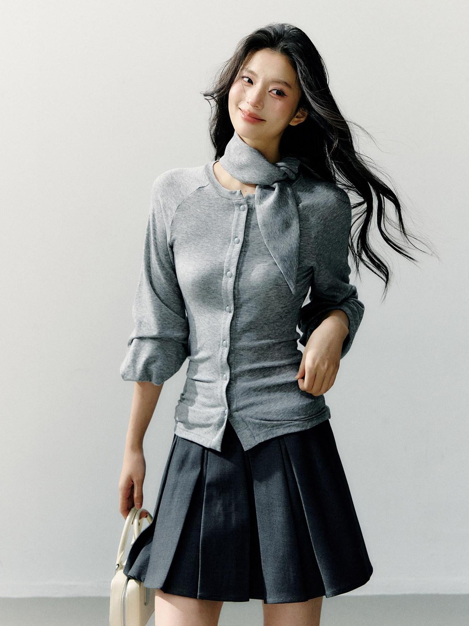 7Shiftin Cinch Waist Cotton Slim Casual Round Neck Three Quarter Sleeve Women Cardigans