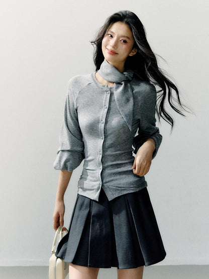 7Shiftin Cinch Waist Cotton Slim Casual Round Neck Three Quarter Sleeve Women Cardigans