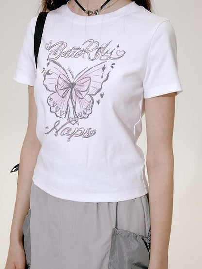 NAPSNAPS Hand Drawn Butterfly Print Slim Cropped Women&
