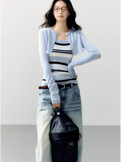 7Shiftin Breathable Striped Two Piece Cardigan Pullover Women Casual Long Sleeve T-Shirts