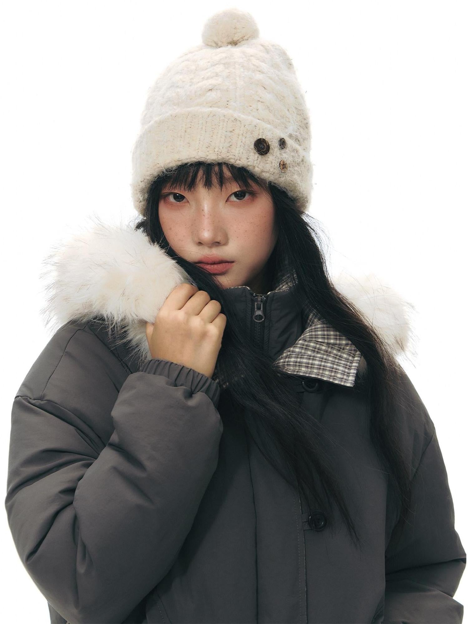 NAPSNAPS White Fur Hooded Double Collar Faux Two Piece Women&
