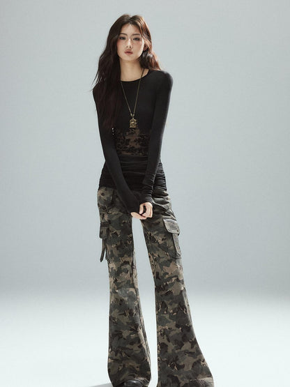 Low pixel Asymmetrical Patchwork Slim Streetwear Black Lyocell Long Sleeve T-Shirts
