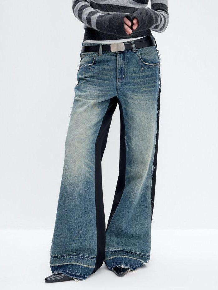 RUN TO THE FUTURE Washed Low Rise Wide Leg Loose Blue Black Denim Zipper Fly Straight Jeans