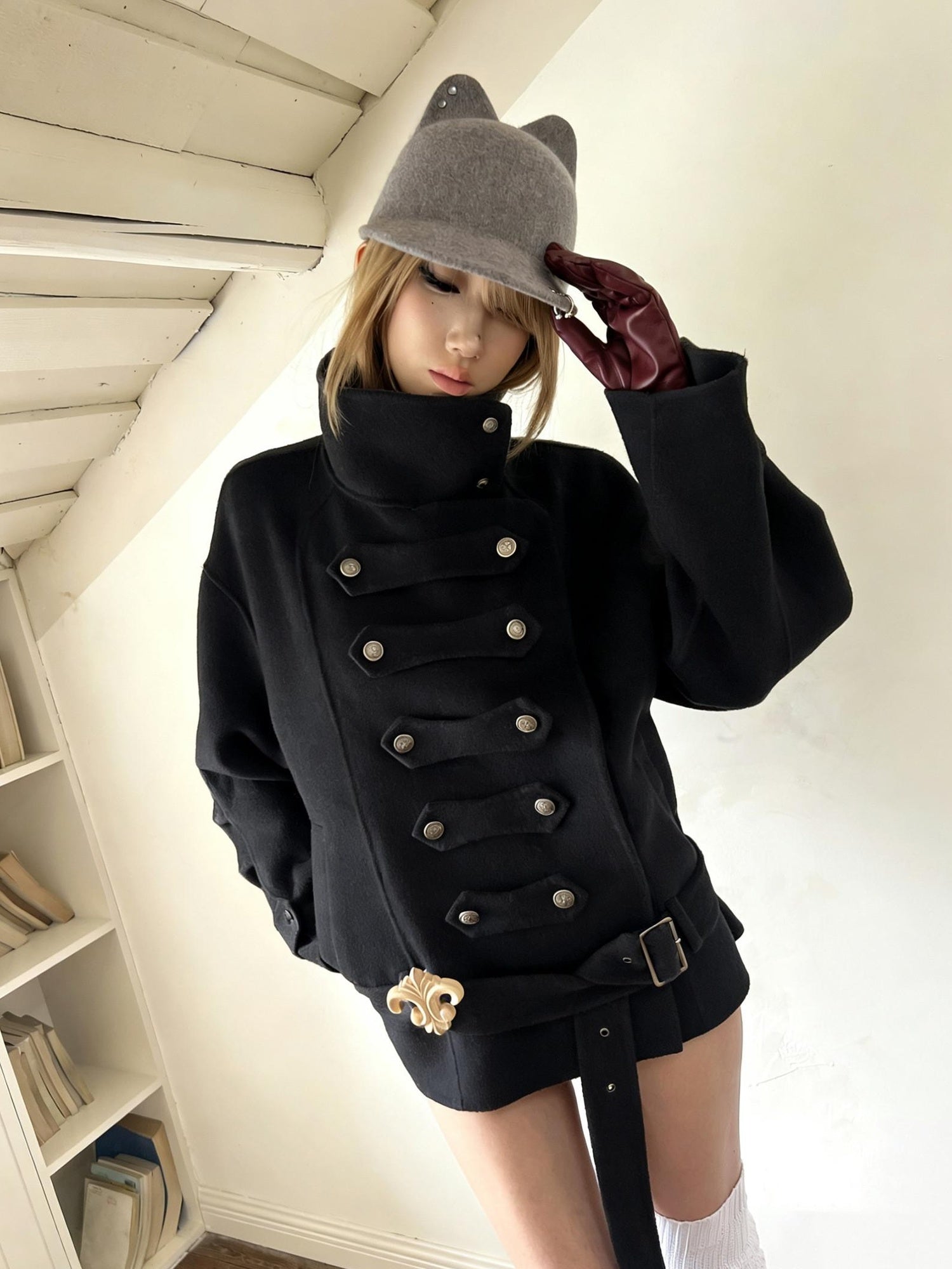nit alcove Warm Wool Blend Pleated Biker Collar Unisex Double Breasted Cropped Wool Coats