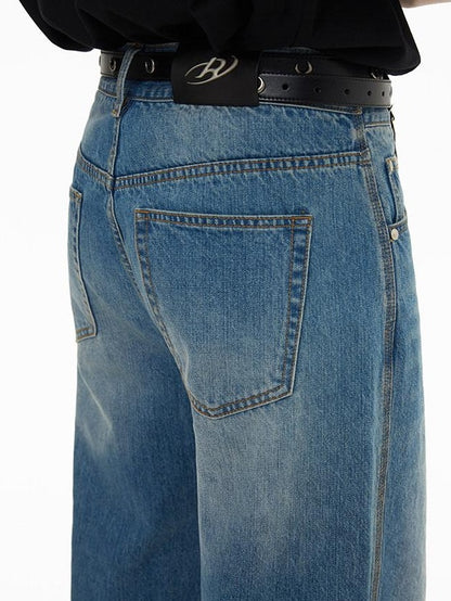 RUN TO THE FUTURE Breathable Washed Mid Rise Asymmetrical Multi Pocket Relaxed Blue Straight Jeans