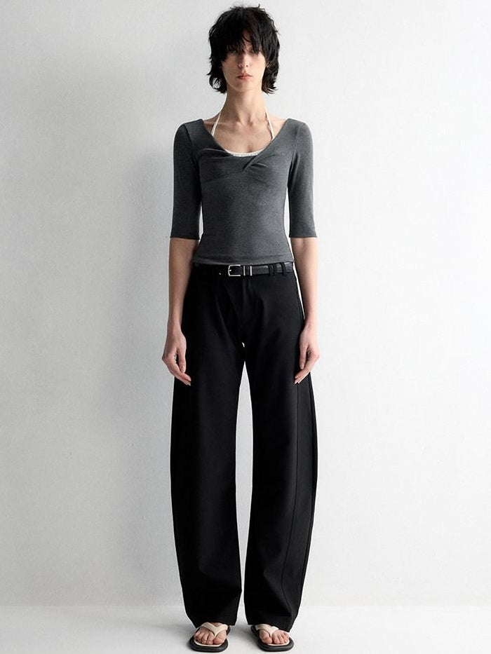 RUN TO THE FUTURE Soft Stretch Low Rise Minimal Loose Curved Tapered Women Classic Black Chinos