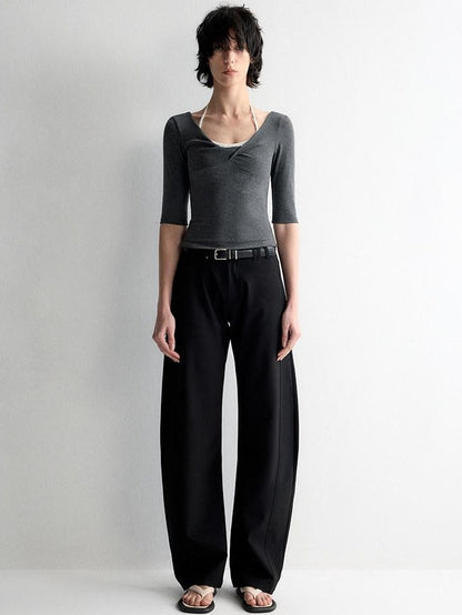 RUN TO THE FUTURE Soft Stretch Low Rise Minimal Loose Curved Tapered Women Classic Black Chinos