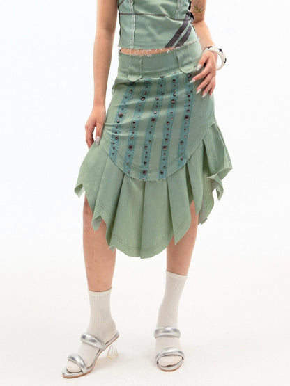nit alcove Beaded Distressed Chinese Mid Waist Irregular Hem Dark Green Zipper Midi Skirts