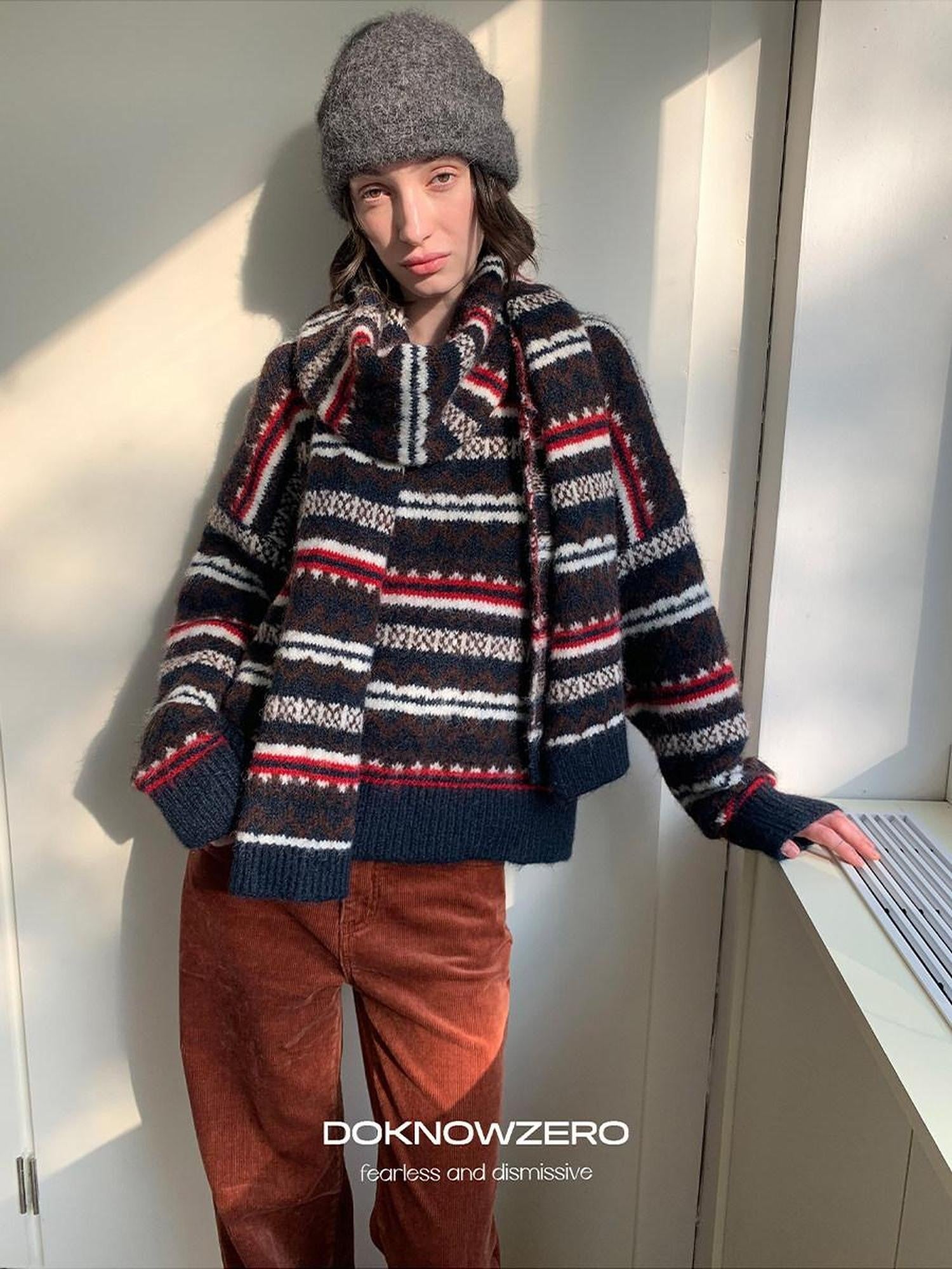 DKZ OFFICIAL Retro Striped Jacquard Two Piece Scarf Pullover Women&