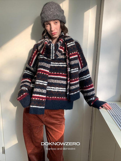 DKZ OFFICIAL Retro Striped Jacquard Two Piece Scarf Pullover Women&