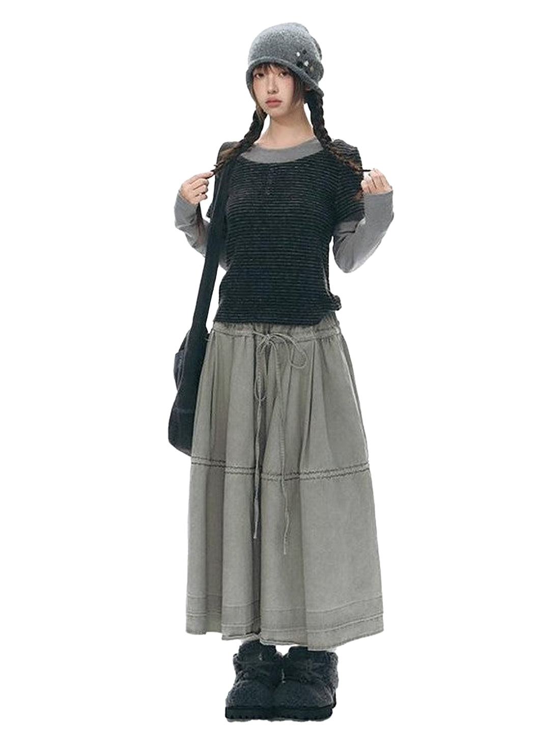 NAPSNAPS Washed Denim Tie Elastic Waist Flared Women&
