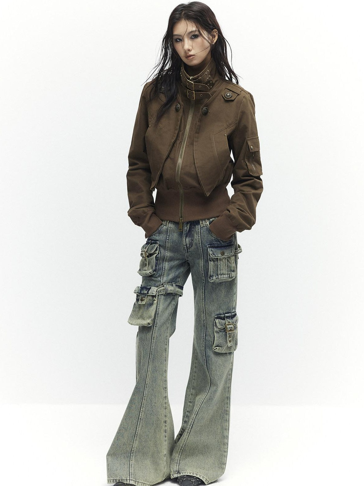 Low pixel Slim Waist Dark Gothic Cotton Zip Stand Collar Long Sleeve Women Cropped Jackets
