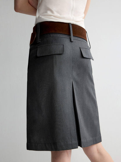 RUN TO THE FUTURE Lined Wool Blend Low Waist Pockets Vintage Office H Silhouette Midi Skirts